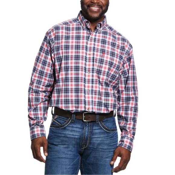 Size L Ariat Pro Mens Red White Blue Plaid Button Down Shirt - Picture 1 of 7